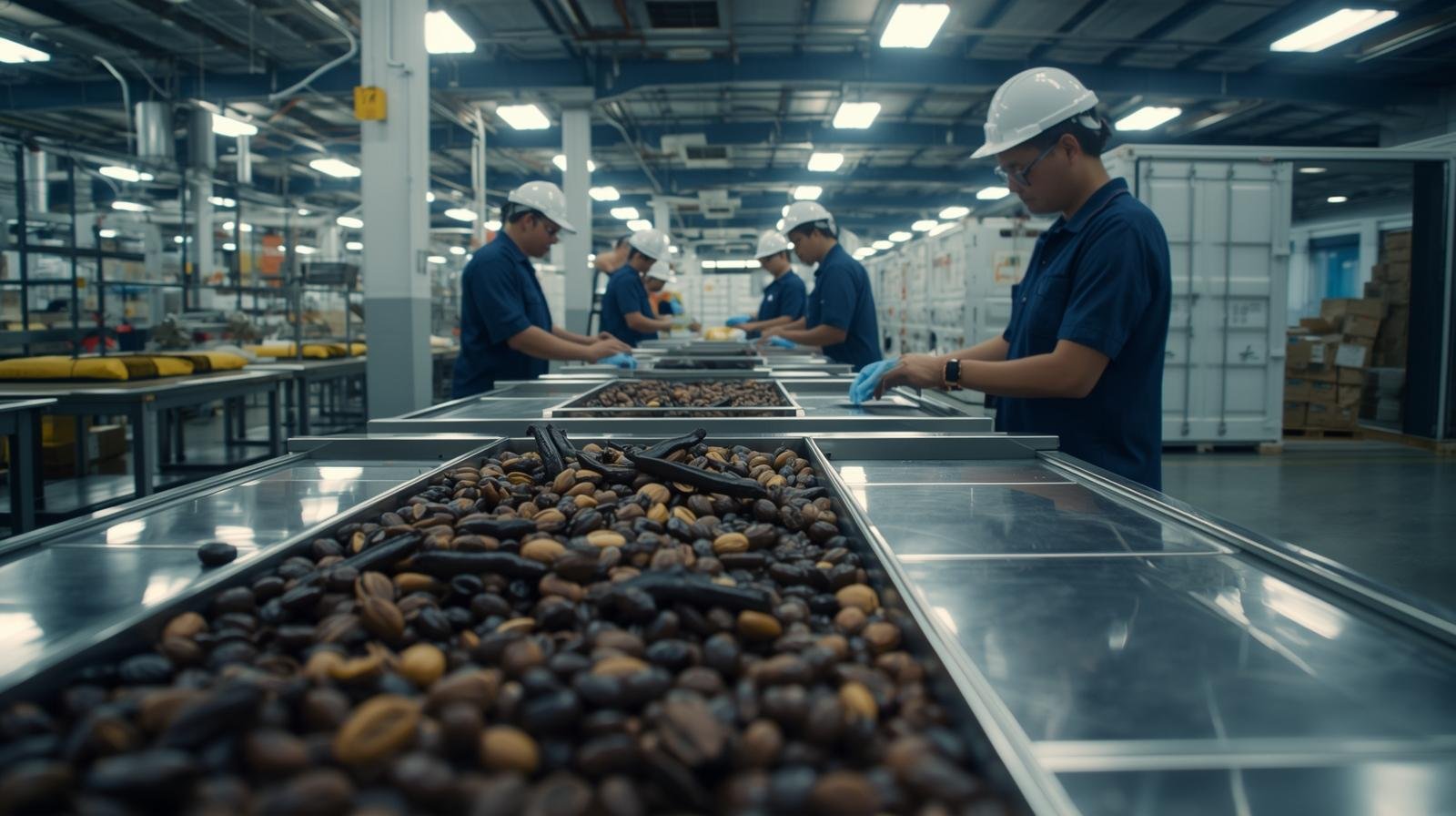 Video Cinematographique 4K Dune Operation Dexportation Agricole Professionnelle En Indonesie. Scene Dans Un Entrepot Propre Ou Des Employes Inspectent Des Gousses De Vanille Et Des Feves De Cacao S